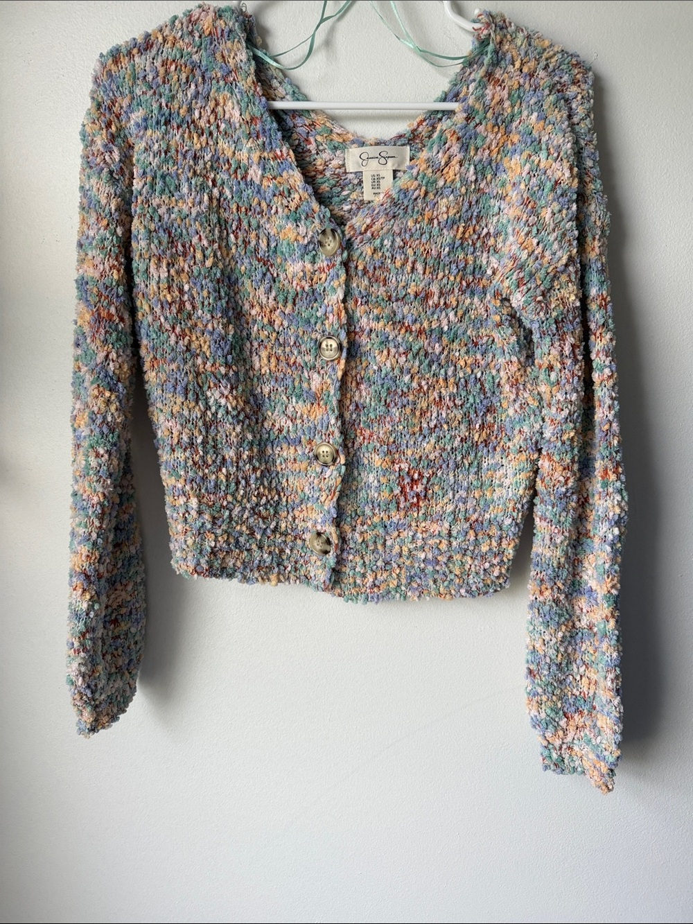 Jessica Simpson Pastel Multicolor Bouclé Button Cardigan SZ XS